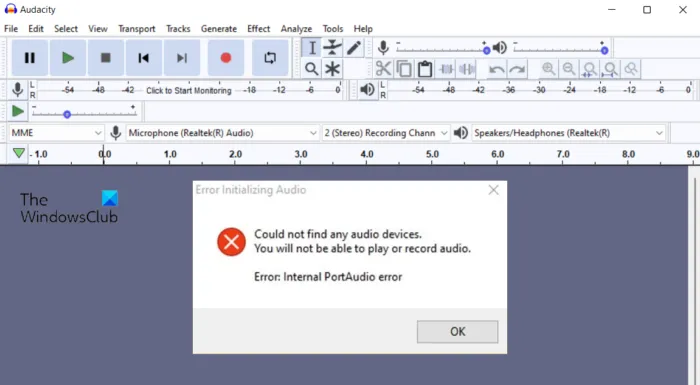 Erreur de port audio interne Audacity sur un PC Windows