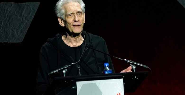 David Cronenberg, writer/director of the upcoming film "Crimes of the Future," introduces a trailer for the film during the NEON Entertainment presentation at CinemaCon 2022 at Caesars Palace, Tuesday, April 26, 2022, in Las Vegas. (AP Photo/Chris Pizzello)