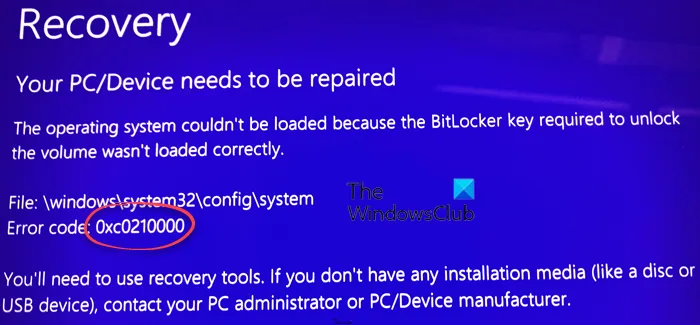 0xC0210000, la clé BitLocker requise pour déverrouiller le volume n'a pas été chargée correctement