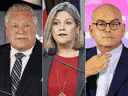 Les favoris des élections en Ontario : le chef progressiste-conservateur Doug Ford, la chef du NPD Andrea Horwath et le chef libéral Steven Del Duca.