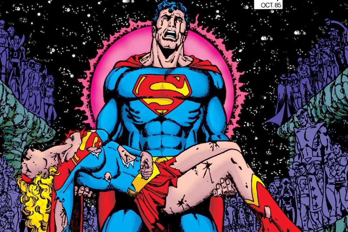 Superman berce le corps brisé de Supergirl sur la couverture de Crisis on Infinite Earths # 7, DC Comics (1985).