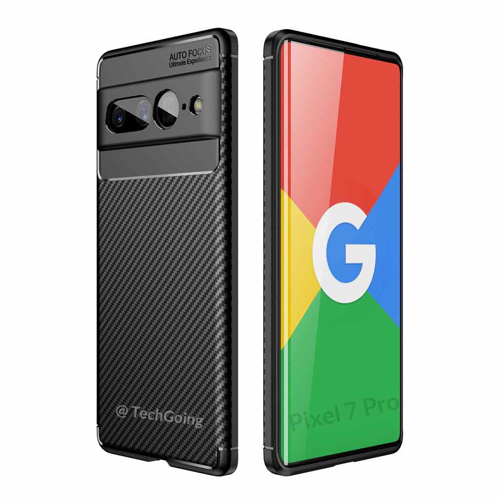 Deux rendus présumés d'un étui pour le Google Pixel 7 Pro, de l'avant et de l'arrière
