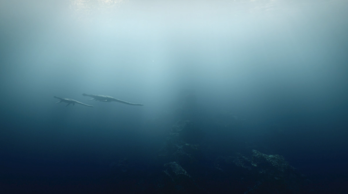 Deux Tuarangisaurus nageant ensemble à travers un paysage marin brumeux
