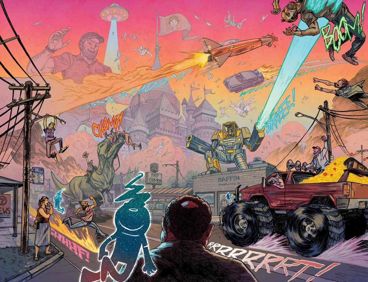 Un homme regarde une rue de la ville modifiée et chaotique, des sites comme un homme géant, des ovnis, des robots géants, un homme chevauchant un dinosuar, une voiture volante et un camion monstre plein d'or dans Eight Billion Genies # 1 (2022) . 