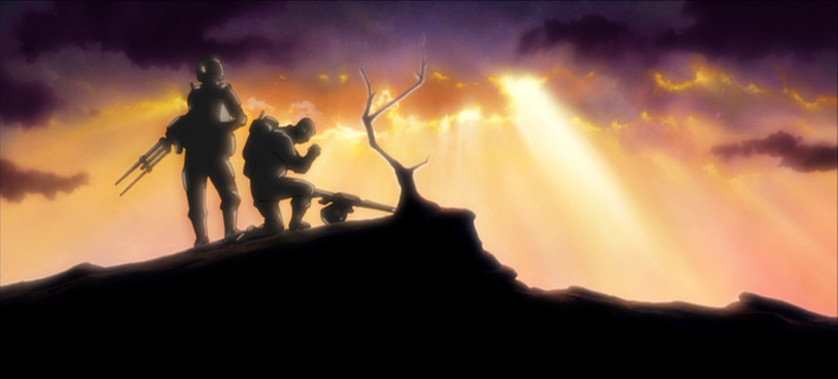 Deux soldats en tenue de protection contre les matières dangereuses se tenant à côté d'un arbre mourant, un rayon de soleil brillant à travers les nuages ​​au loin dans La Seconde Renaissance.