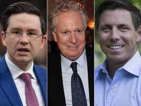 Pierre Poilievre, à gauche, Jean Charest, au centre, et Patrick Brown sont parmi plusieurs candidats à la direction du Parti conservateur fédéral.