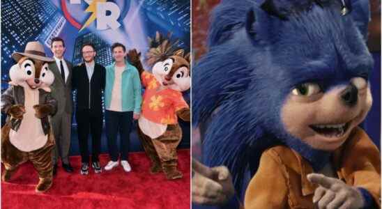 John Mulaney, Akiva Schaffer, Andy Samberg, and Ugly Sonic of Chip n Dale: Rescue Rangers