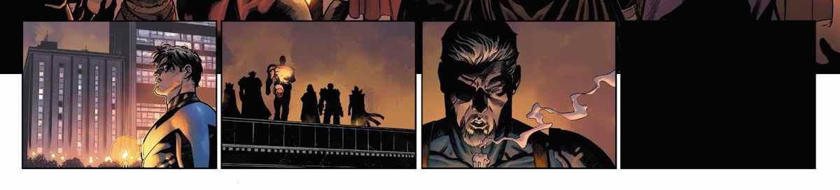 Nightwing aperçoit des silhouettes sur un toit surplombant le service commémoratif de la Justice League.  Parmi eux se trouve Slade Wilson/Deathstroke the Terminator, tenant une bougie.  Il le souffle.  Extrait de Dark Crisis #1 (2022).