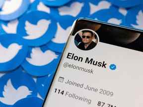 Le profil Twitter d'Elon Musk est visible sur un smartphone placé sur des logos Twitter imprimés.