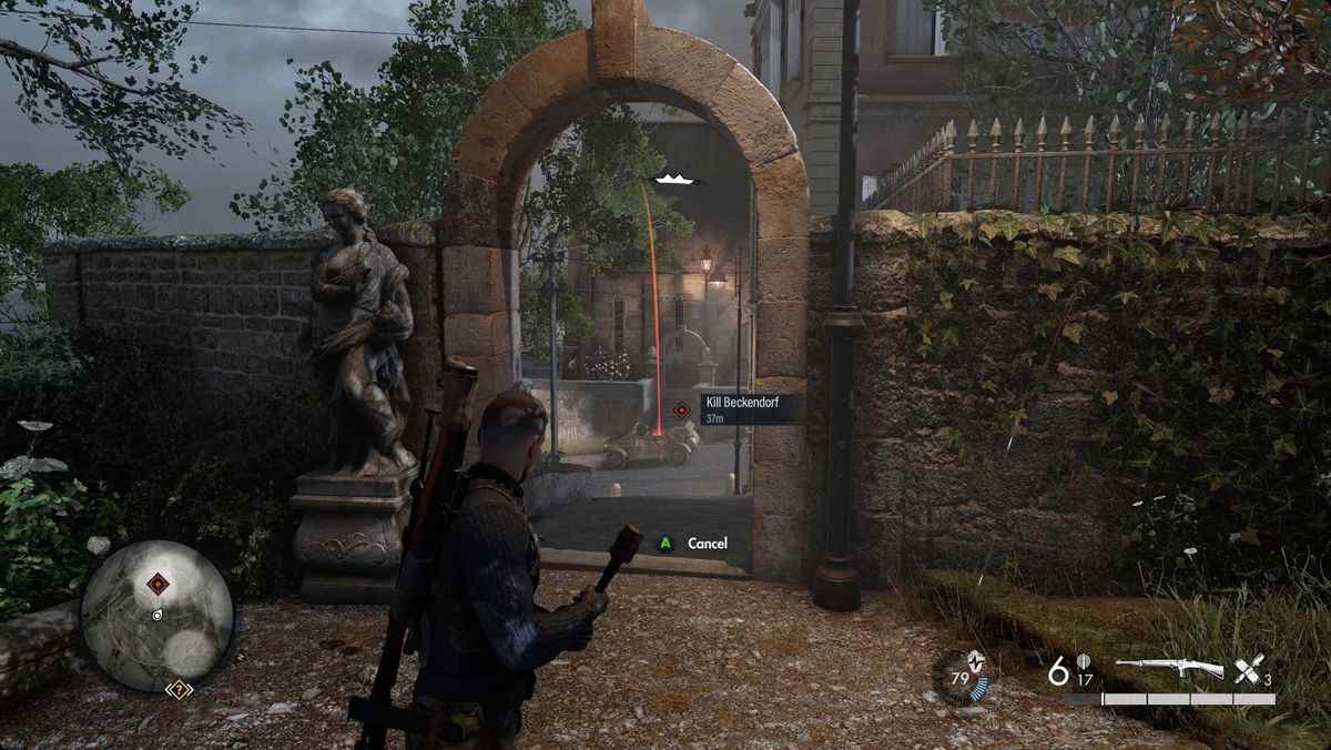 Joueur de Sniper Elite 5 sur le point de lancer une grenade dans un véhicule nazi.