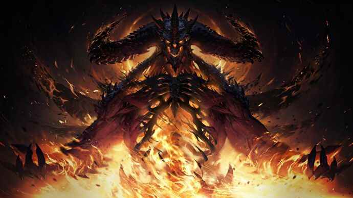 Diablo Immortal art montrant Diablo couvert de flammes alors qu'il déchire son torse osseux