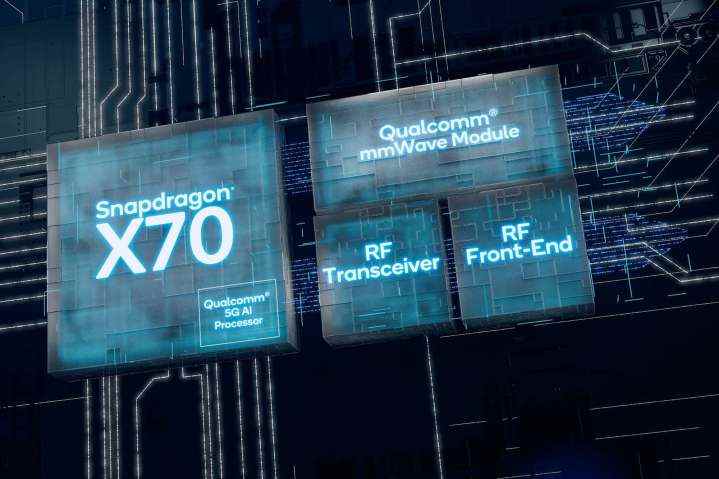 Image conceptuelle de la puce Qualcomm Snapdragon X70 avec des modules mmWave, AI et RF supplémentaires.