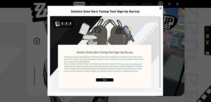 La page de démarrage de l'enquête de test de réglage bêta Zenless Zone Zero, avec quelques lapins MiHoYo mettant en évidence des liens vers des informations supplémentaires.