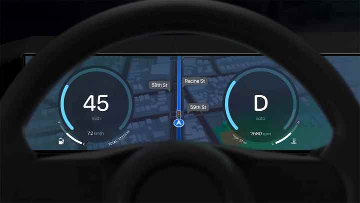 Interface Apple CarPlay de nouvelle génération affichant des informations intégrées sur la carte et le tableau de bord. 