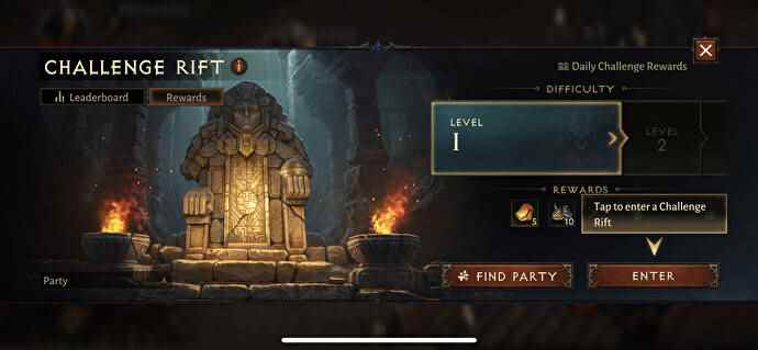 L'écran montrant les différents niveaux de difficulté du Challenge Rift dans Diablo Immortal