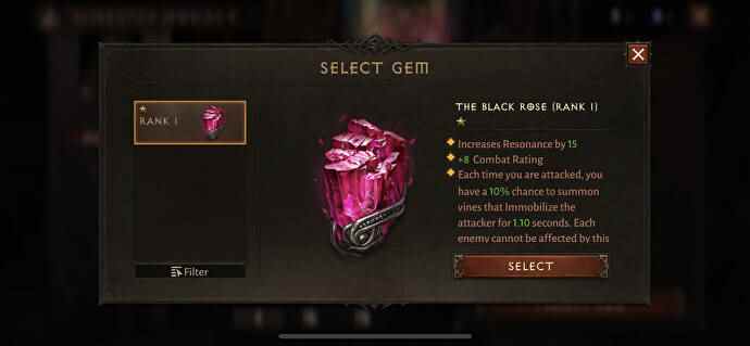 Un écran d'état montrant la puissante gemme légendaire Black Rose dans Diablo Immortal