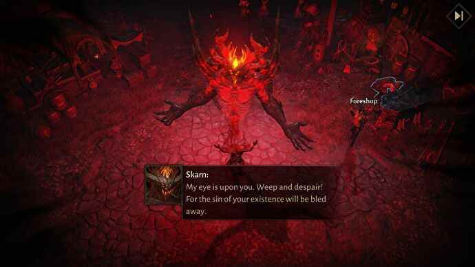 Un boss appelé Skarn dans Diablo Immortal ;  un grand démon rouge au centre de l'écran projeté depuis un cadavre, disant 