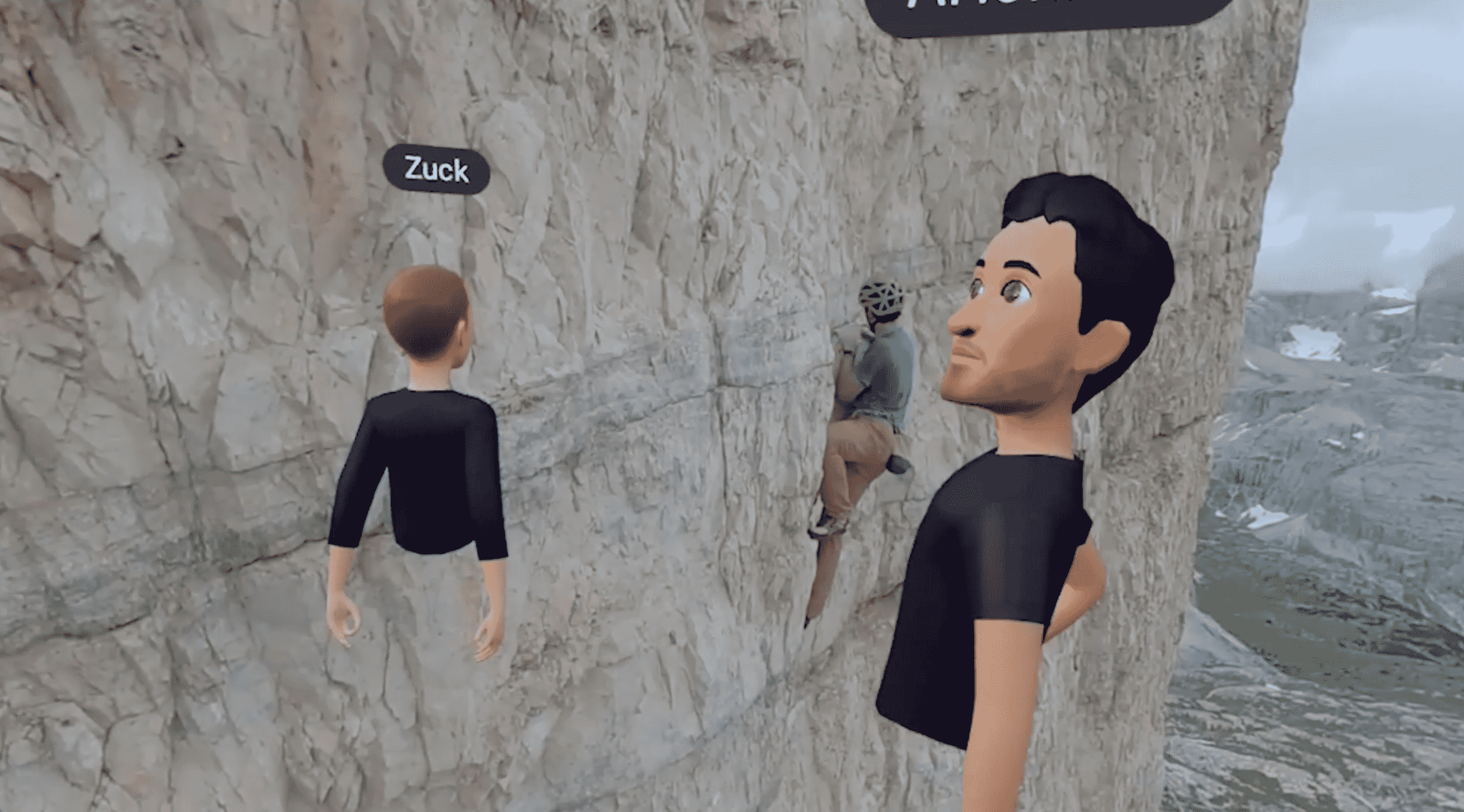 Les avatars de Mark et Alex regardent une vidéo d'Alex escaladant une falaise