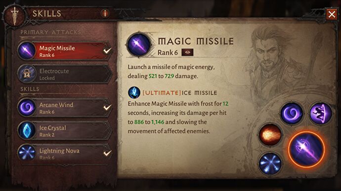 La description de la capacité principale Magic Missile pour le magicien dans Diablo Immortal