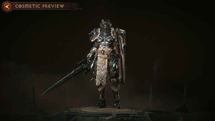 Diablo Immortal Crusader portant un ensemble complet d'équipement légendaire dans l'écran d'aperçu