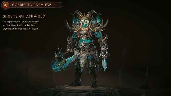 Diablo Immortal Barbarian portant les cosmétiques Ghosts of Ashwold dans l'écran d'aperçu de l'équipement