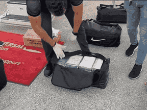 Huit sacs de sport noirs, contenant chacun 25 petits paquets de cocaïne, totalisant 200 paquets, se trouvaient dans les compartiments de contrôle de l'avion.