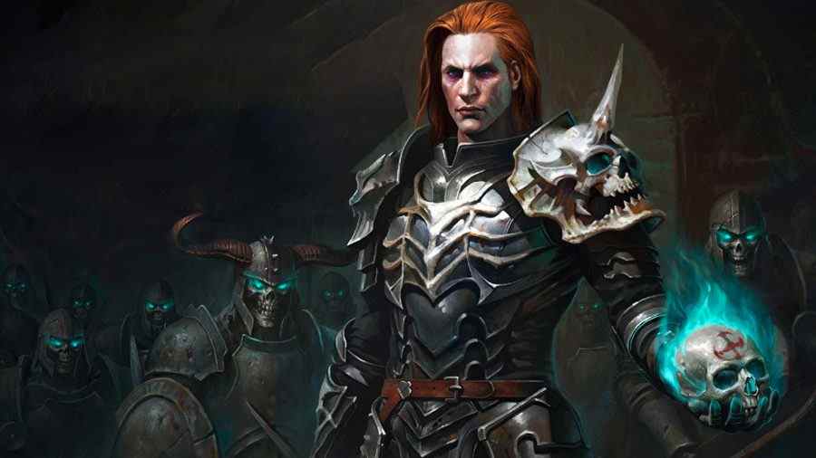Liste des niveaux Diablo Immortal: le Nécromancien tenant un crâne bleu brillant devant une armée de squelettes aux yeux brillants