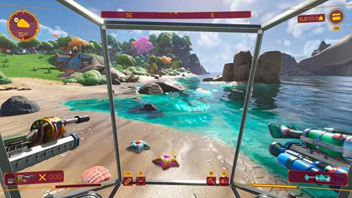 Le joueur explore une plage depuis son robot dans Lightyear Frontier
