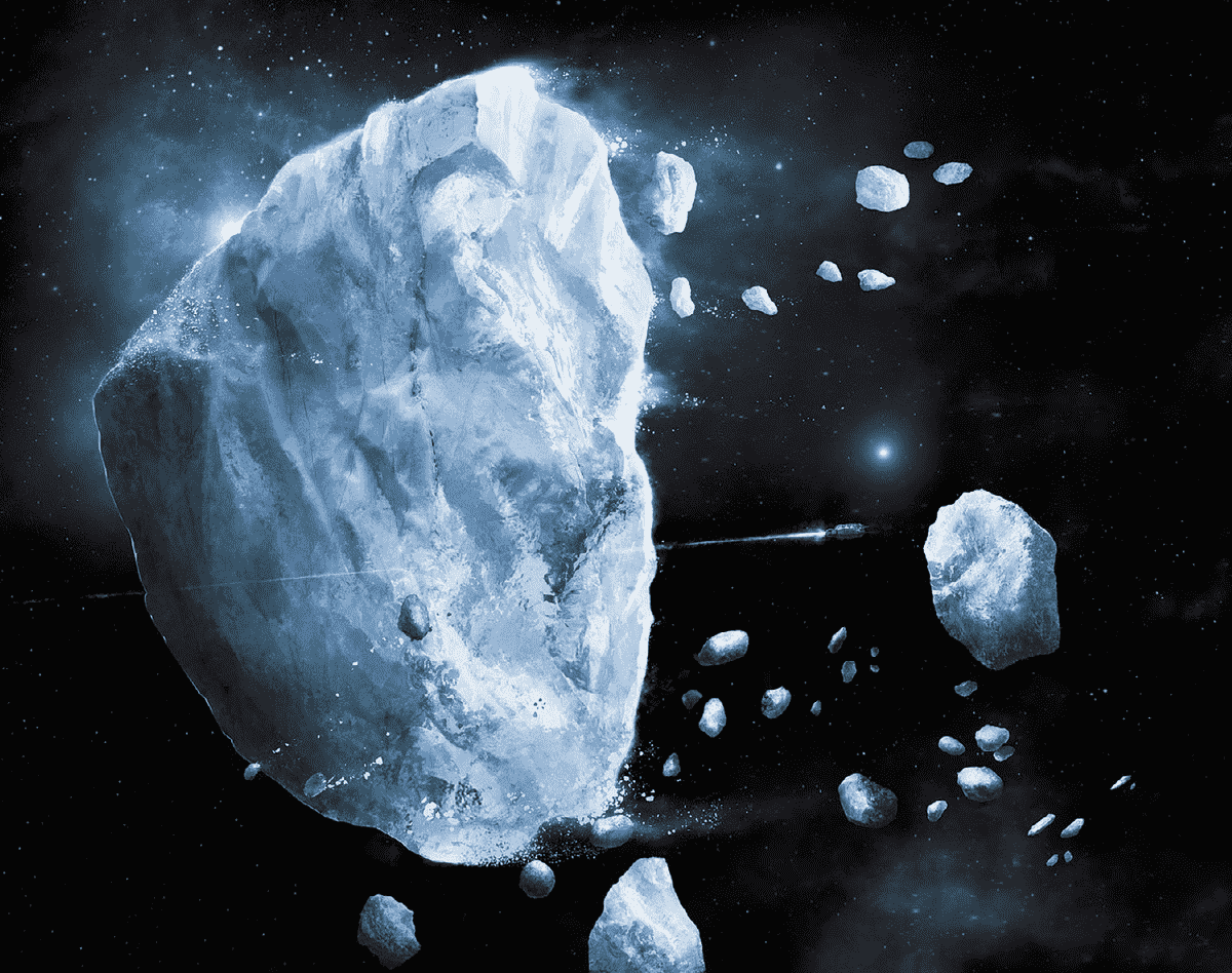 Ironsworn : art Starforged montrant un navire volant au-dessus d'énormes morceaux de glace flottant dans l'espace