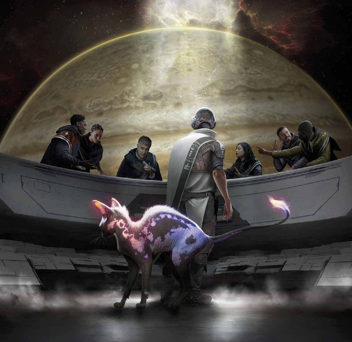 Ironsworn : Art Starforged montrant un groupe d'humains en discussion.  Il y a un chat extraterrestre au premier plan.