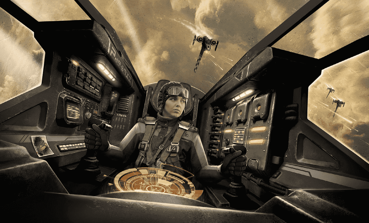 Ironsworn : Art Starforged d'un pilote dans un cockpit futuriste volant à travers une atmosphère avec trois autres navires à la suite.
