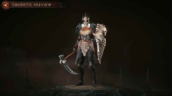 Diablo Immortal Necromancer dans un équipement légendaire portant un casque à tête de squelette et un équipement en os