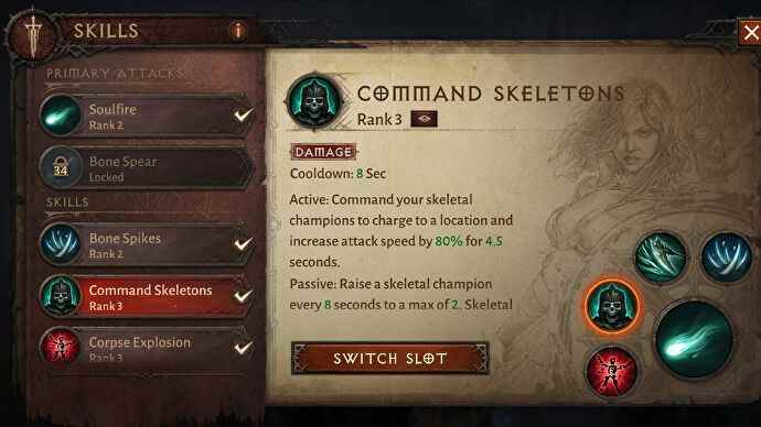 Capture d'écran de Diablo Immortal montrant les squelettes de commandement, avec un texte indiquant que vous pouvez ordonner à vos squelettes d'augmenter leur vitesse d'attaque et d'en élever un nouveau toutes les 8 secondes.