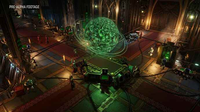 Une base de fortune construite à l'intérieur de ce qui ressemble à une église dans Warhammer 40k: Rogue Traders, montrant une carte de la planète en hologramme