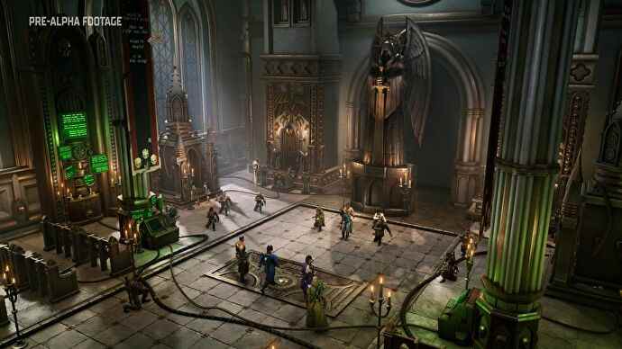 Une base militaire dans une église, à moitié construite autour des bancs et de l'autel, dans Warhammer 40k: Rogue Traders