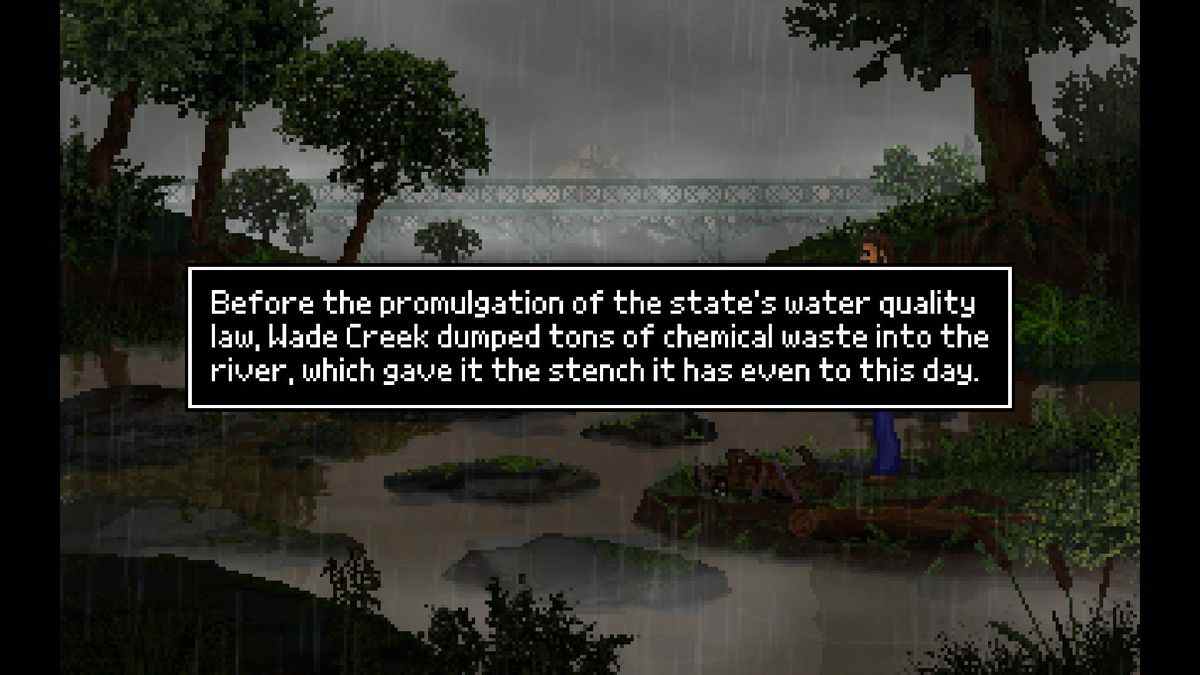 Le personnage du joueur se tient devant un ruisseau pollué dans Nightmare Frames