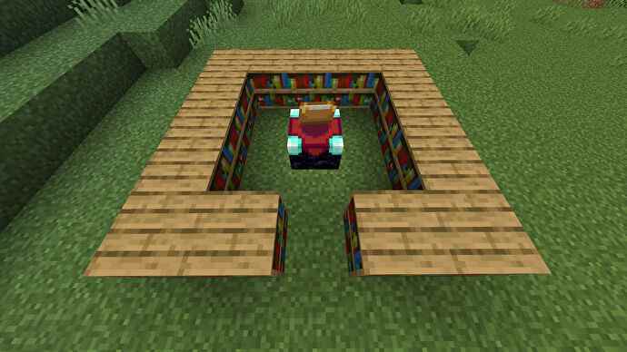 Une table enchanteresse dans Minecraft, entourée de 15 blocs de bibliothèque.