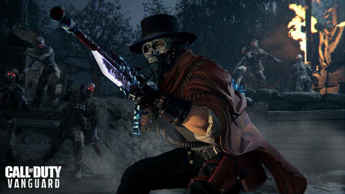 un zombie squelettique portant un feutre et portant un fusil à baïonnette vise quelque chose hors caméra