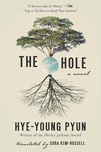 couverture de The Hole de Pyun Hye-Young, avec une illustration d'un arbre au centre, avec un trou en son milieu montrant le ciel bleu et des racines sombres poussant en dessous