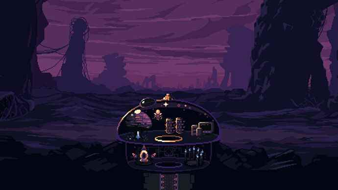 Le joueur flotte autour de son dôme dans Dome Keeper, entouré d'un paysage extraterrestre violet.