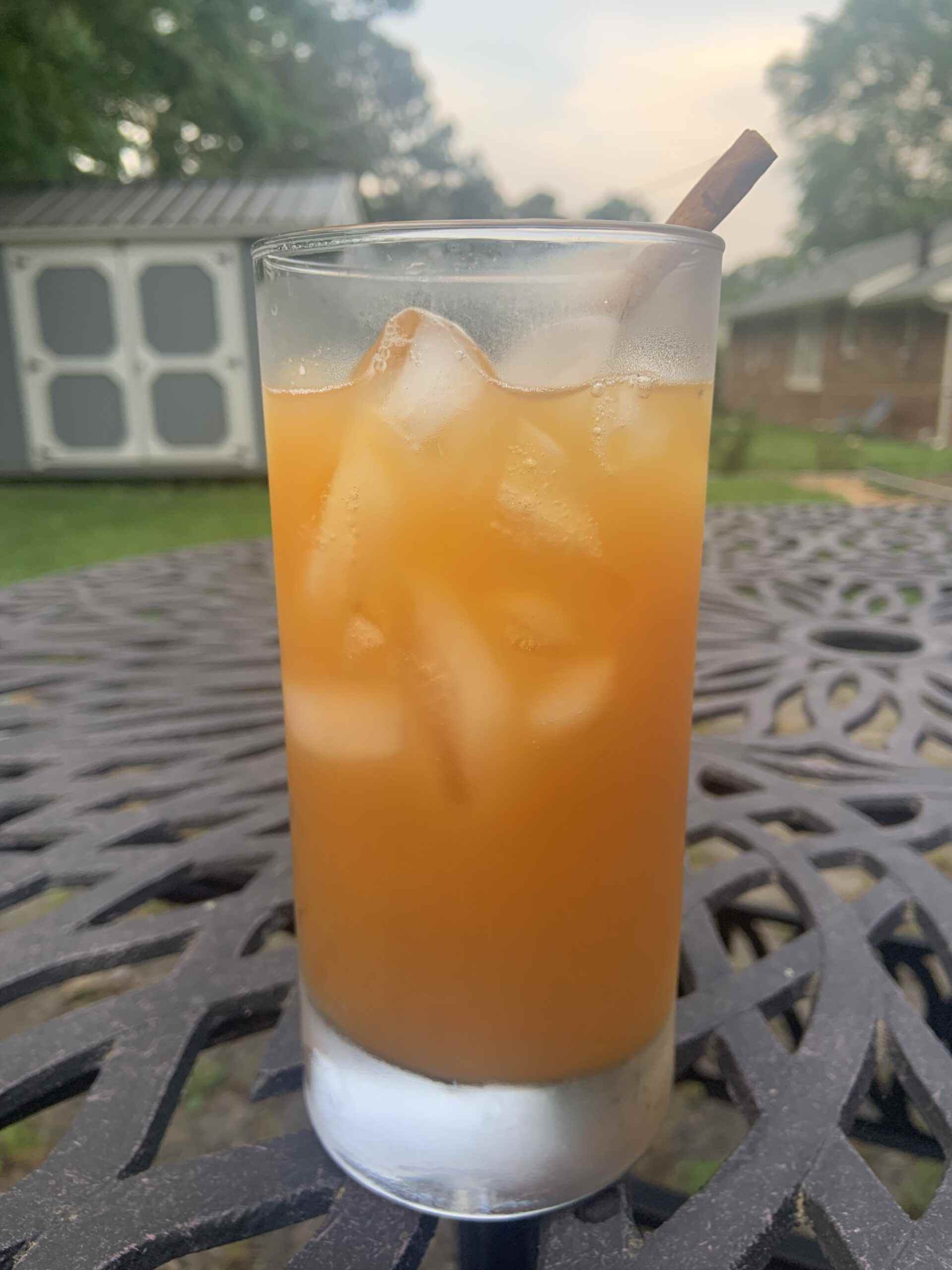 une photo d'un verre de thé glacé avec du jus d'orange et un bâton de cannelle