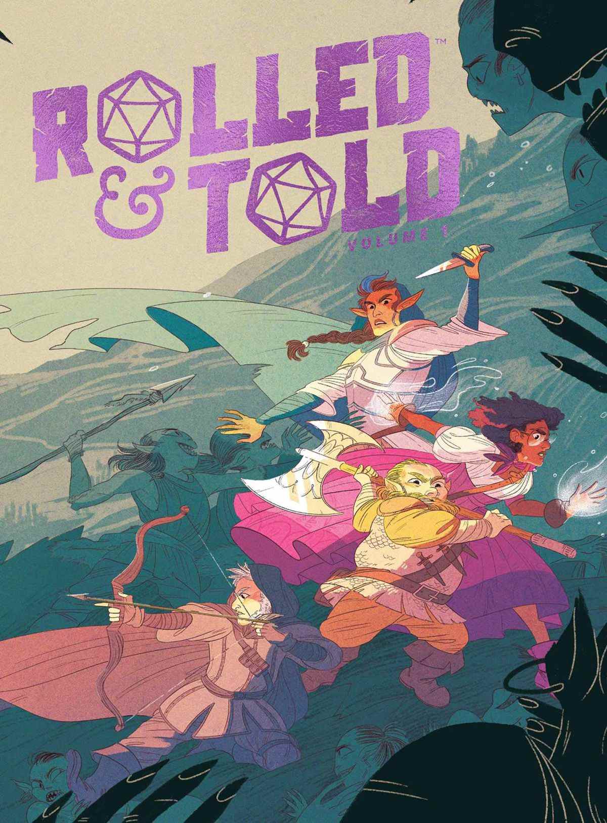 Pochette pour Rolled &  Told Volume 1 montre un groupe de héros rendus au pastel.