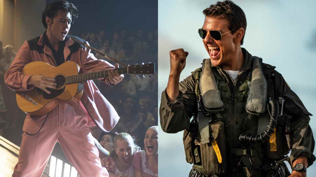 Austin Butler jouant de la guitare dans Elvis et Tom Cruise pompant son poing dans Top Gun: Maverick, photographiés côte à côte.