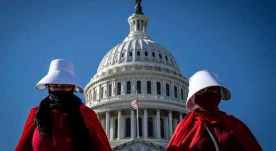 Abortion rights activists costumed after Margaret Atwood's "The Handmaid's Tale" protest outside the U.S. Capitol in Washington, D.C. on Nov. 27, 2021. The Supreme Court will hear arguments on Dec. 1 in a Mississippi bid to have the landmark Roe v. Wade decision overturned, sparking outcry from women's advocacy groups. (Photo by Alejandro Alvarez/Sipa USA)(Sipa via AP Images)