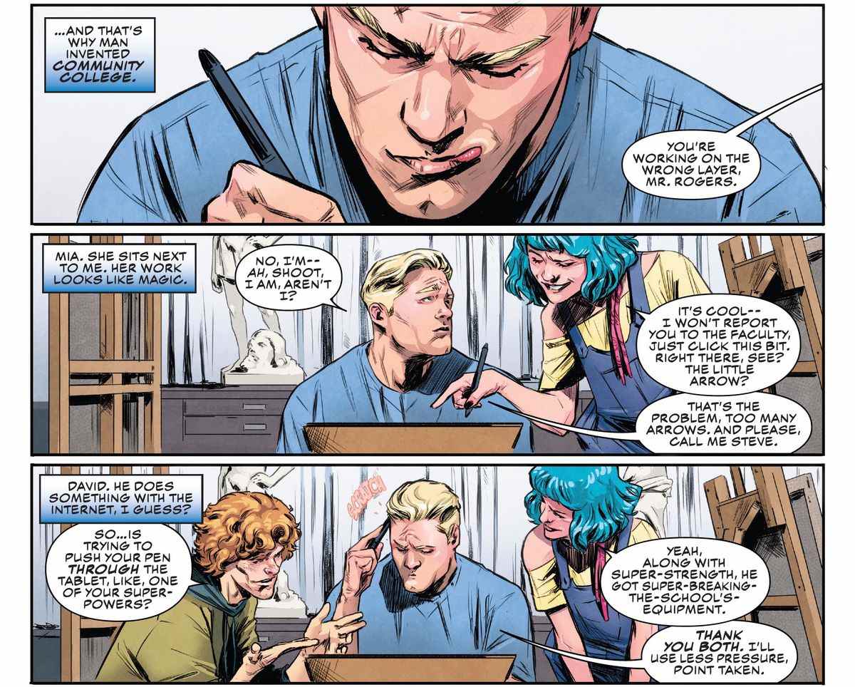 Steve Rogers / Captain America est assis dans un cours de dessin de la vie, alors que les jeunes étudiants autour de lui lui donnent poliment des conseils sur la façon d'utiliser une tablette à dessin, l'avertissant de ne pas y enfoncer le stylo avec sa super force dans Captain America: Sentinel of Liberté #1 (2022).