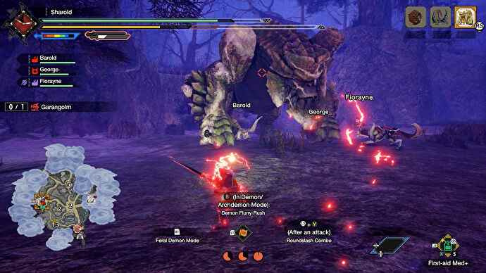 Le nouveau monstre Garangolm, une énorme créature ressemblant à un singe recouvert d'une armure de pierre, se dirige vers un chasseur dans Monster Hunter Rise: Sunbreak