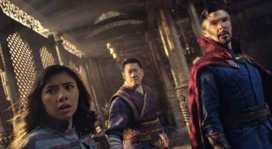 (L-R): Xochitl Gomez as America Chavez, Benedict Wong as Wong, and Benedict Cumberbatch as Dr. Stephen Strange in Marvel Studios' DOCTOR STRANGE IN THE MULTIVERSE OF MADNESS. Photo courtesy of Marvel Studios. ©Marvel Studios 2022. All Rights Reserved.