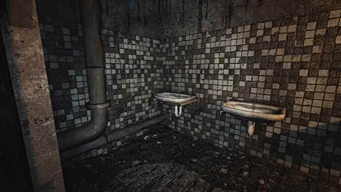 Le joueur regarde une salle de bain avec deux lavabos dans un mod de révision fait par un ventilateur pour STALKER: Shadow of Chernobyl.