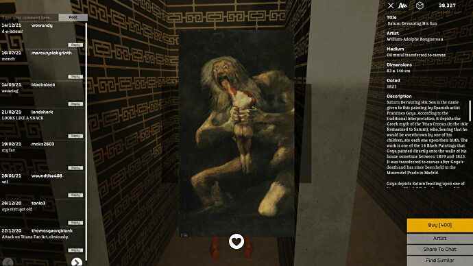Une peinture d'un titan mangeant un humain.  Sa bouche est ouverte et ses yeux sont grands ouverts