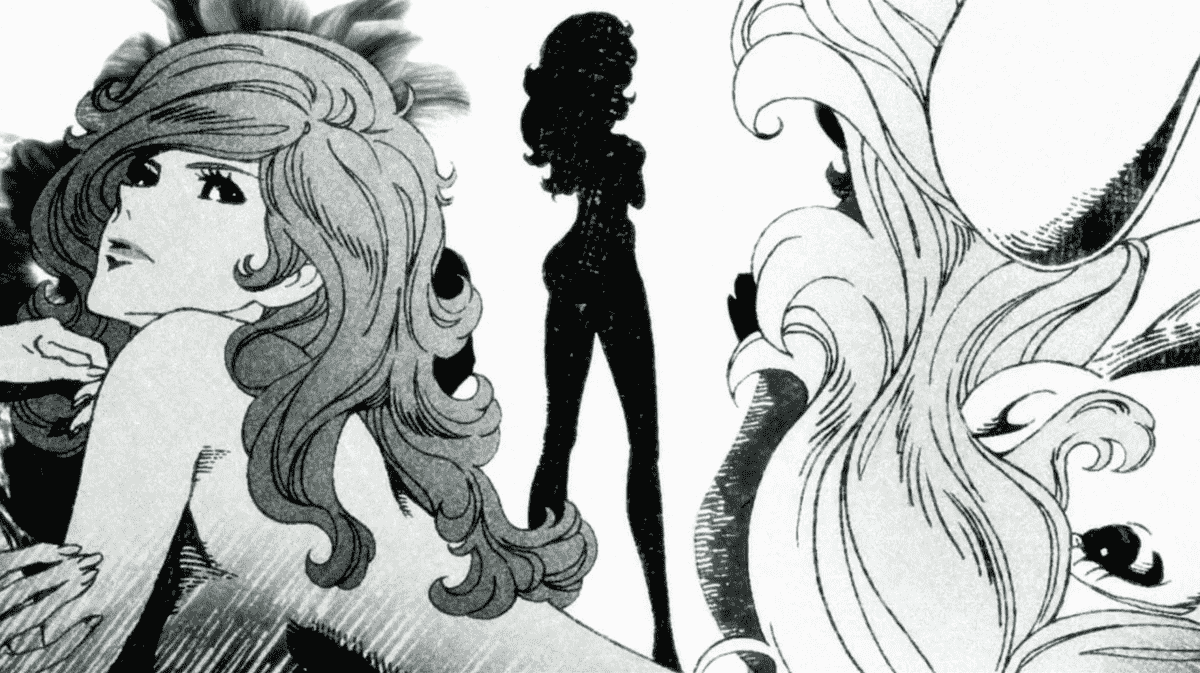 Photos de Fujiko posant en noir et blanc et en silhouette depuis l'ouverture de The Woman Called Fujiko Mine
